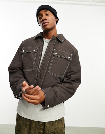 ASOS DESIGN oversized cropped harrington jacket with contrast stitch in brown