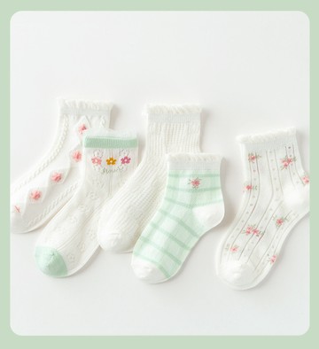 love, charlotte - 盛夏花園清新花朵甜美荷葉邊透氣短筒棉襪-5 雙一組