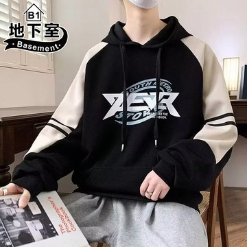地下室B1-連帽衫 美式休閒撞色復古街頭字母印花插肩袖連帽衛衣 寬鬆 運動風 長袖T恤 大尺碼5XL【NL665088】