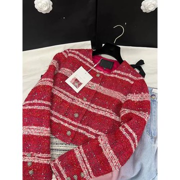 紅色小香風外套女2026新款輕奢名媛設計感小眾重工亮片粗花呢大衣