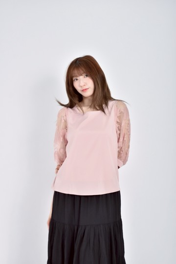 (M) kobe lettuce質感棉質透膚紡紗袖設計粉色長袖上衣