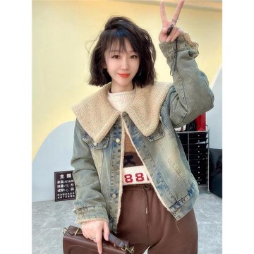 2025冬季新款韓版時尚休閑加絨大翻領牛仔短外套女羊羔毛保暖上衣