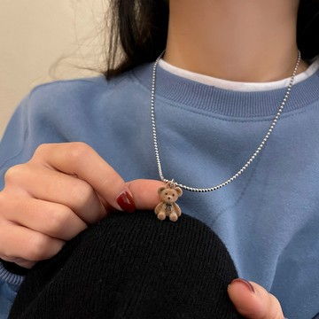 棕色毛絨小熊吊墜項鍊女款時尚簡約嘻哈可愛項鍊