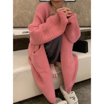 粉色加厚毛衣外套女春秋2025新款寬松慵懶風小個子中長款針織開衫