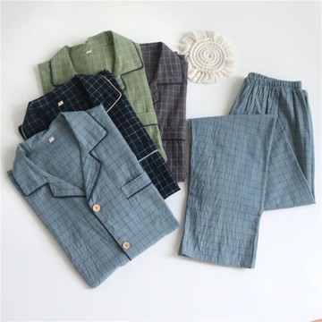 日系男士棉布睡衣夏季短袖長褲簡約格子薄款全棉可外穿家居服套裝