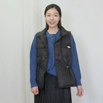 花木馬日系女裝彈力繩收腰翻領背心式羽絨外套