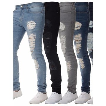 Tight-fitting solid color frayed denim pants for men破洞男褲