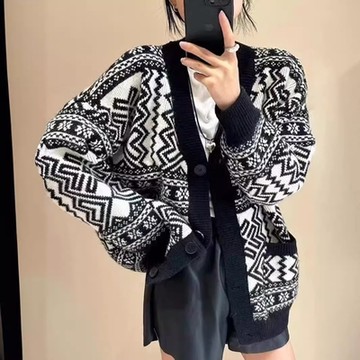 [巴黎精品] 針織外套長袖毛衣-減齡復古撞色提花女外套m1ab5