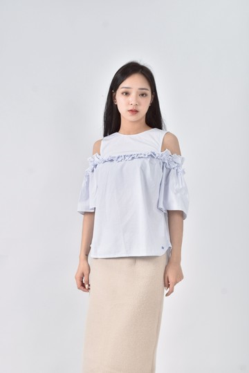 (S) river woods春夏棉質露肩條紋荷葉白色短袖上衣