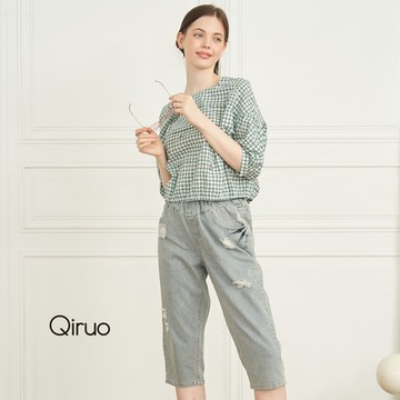 【Qiruo 奇若名品】春夏鬆緊刷破復古牛仔褲(高質感帥氣百搭個性修飾七分褲1228C)