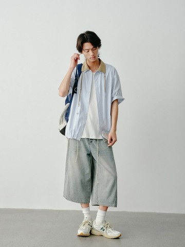 海鹽 復古做舊水洗牛仔7分褲