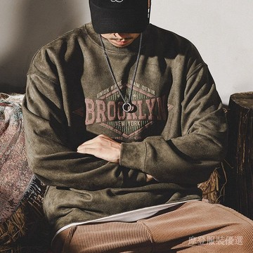 ⚡新春特惠⚡ 美式復古 麂皮絨 衛衣男 春秋季 寬鬆潮牌 圓領長袖 男裝上衣外套T恤潮 A37C