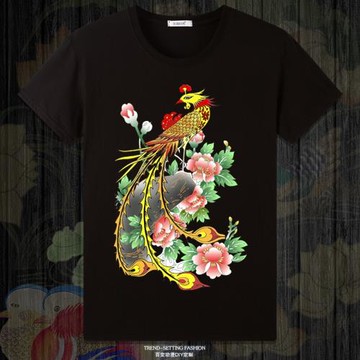 鴛鴦圖案復古中國風鳳凰印花男女純棉體恤夏季潮流寬松短袖T恤衫