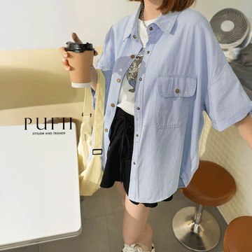 新品特賣SALE◆PUFII-襯衫 背皮標翻領排釦反摺袖襯衫外套上衣-0510 現+預 春【CP27954】