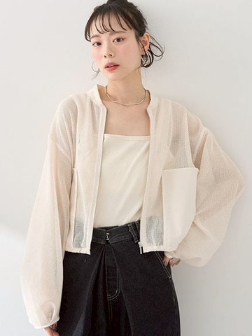 透明感網眼下擺抽繩拉鏈設計外套(01000003100) - earth music&ecology