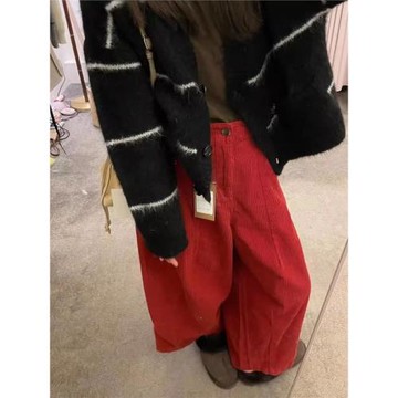 紅色燈芯絨闊腿褲女春秋冬2025新款小個子穿搭加厚休閑美式工裝褲