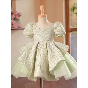 女童禮服公主裙走秀主持人鋼琴演出服兒童花童生日綠色蓬蓬裙