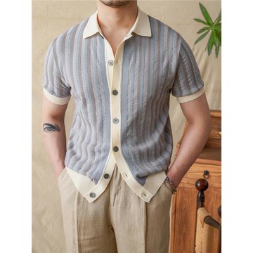 鹿三先生意式夏季翻領條紋提花拼接針織衫英倫開衫短袖polo衫潮男