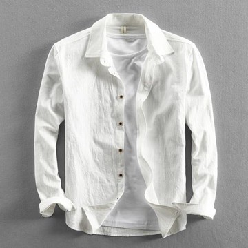 夏季休閑棉麻長袖襯衫男士百搭亞麻襯衣商務青年時髦純色潮流上衣