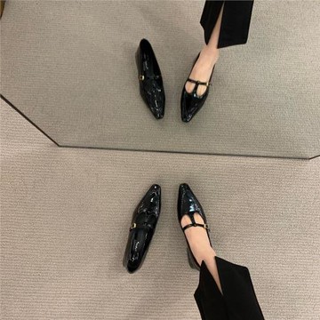 戴西王妃~ITSK單鞋女黑色漆皮小眾中古法式低跟尖頭瑪麗珍女鞋