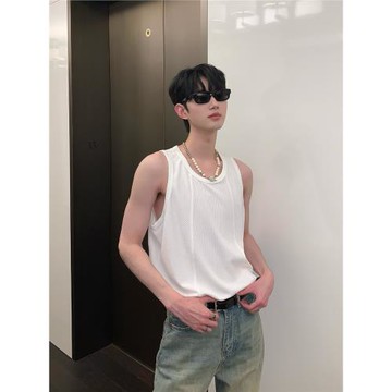 cuibuju 韓版簡約百搭純色肌理設計感背心T恤 寬松內搭無袖上衣男