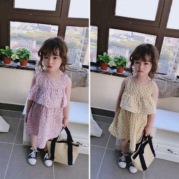 夏季新款 中小童舒適印花連衣裙 女童可愛洋氣花邊無袖背心裙1入