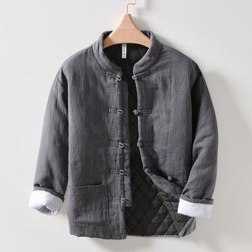 中國風復古休閑外套男保暖苧麻加厚內膽老年人大碼寬松棉麻冬上衣