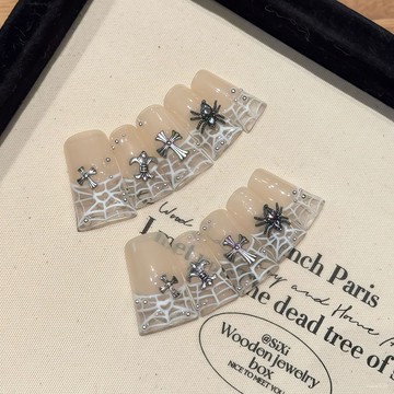 ✨Hannah✨藝禾  克羅心十字架手繪法式蜘蛛網跨境歐美風鴨嘴甲可拆卸穿戴甲美甲師藝禾 M2X1