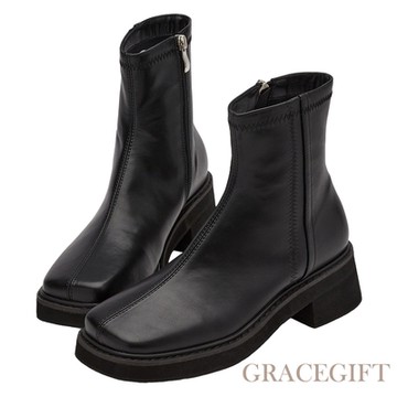 【Grace Gift】百搭專屬方頭輕量厚底短靴 黑