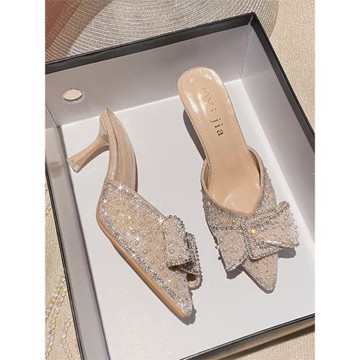 包頭半拖女外穿2025夏季新款仙女風百搭高跟涼拖半拖小碼鑲鉆單鞋