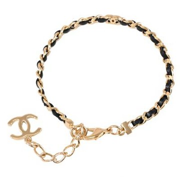 CHANEL 穿鏈羊皮造型雙C LOGO墜飾手鍊(黑金)