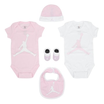 [ACS] Nike 包屁衣 Jordan 小童 嬰兒 粉 白 純棉 短袖 小朋友 帽子 襪子 圍兜 五件組 禮盒 JD2433031NB-001