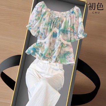 初色 法式印花蕾絲綁帶泡泡袖短袖襯衫上衣女上-花色-15098(M-2XL可選)