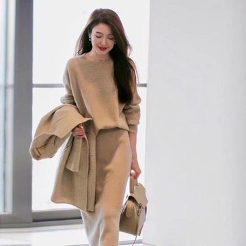 時尚套裝新款羊毛上衣百搭針織半身裙秋冬季休閑職業毛衣兩件套女