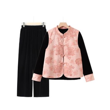 中老年女裝新中式金絲絨國風套裝馬甲三件套春秋洋氣女外穿媽媽裝