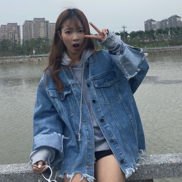 春秋女裝韓版原宿復古毛邊情侶寬松牛仔夾克外套學生破洞做舊上衣