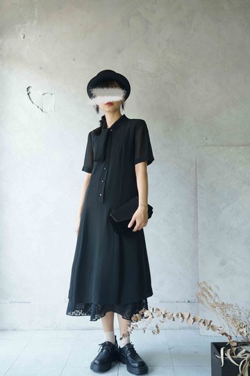 尋寶古著-黑色厚雪紡復古綁帶連身洋裝