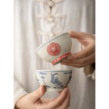 景德鎮青花壓手杯單杯陶瓷茶杯個人專用高檔主人杯單杯喝茶品茗杯