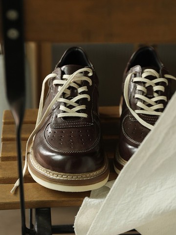 美式復古真皮圓頭厚底縫線低幫板鞋簡約做舊透氣工裝鞋