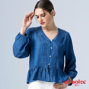 【新品2件7折】V領天絲刺繡丹寧牛仔兩穿式開襟上衣 - BLUE WAY ET BOîTE 箱子
