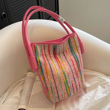 夏季彩色編織條紋手提小包包女2024新款夏季簡約小方包時尚斜挎包