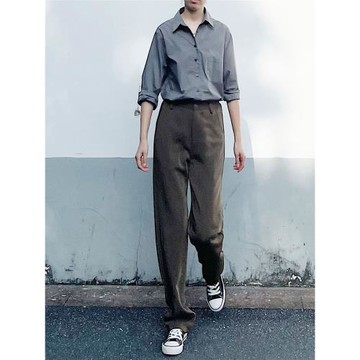 左手日記新加長煙管褲高個子拖地褲直筒褲顯瘦棕色休閑長褲垂抗皺