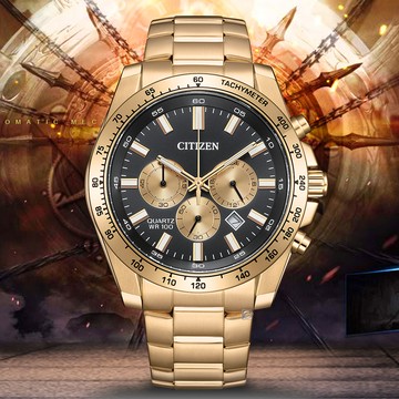CITIZEN 星辰 Chronograph 運動潮計時腕錶 男錶 手錶-44mm玫瑰金色 AN8233-51E