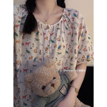 韓系ins夏季狗狗世界睡衣女短袖純棉可愛甜美寬松網紅家居服套裝