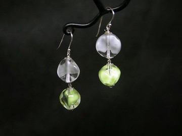 綠透灰透-60年代穆拉諾琉璃珠耳環/ 純銀鍍白k/ 義大利手工匠人製