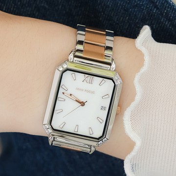 MINIFOCUS奪目魅力母貝方型金屬鍊帶手錶【WMF0472】-白面玫金銀帶