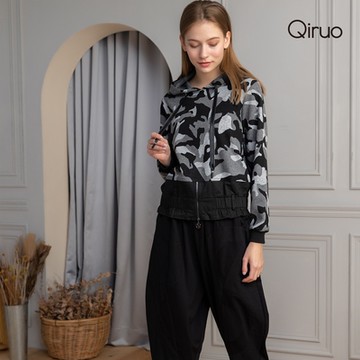 【Qiruo 奇若名品】現貨 專櫃黑白迷彩連帽大學帽T(黑白迷彩連帽長袖休閒帽T 3263A)