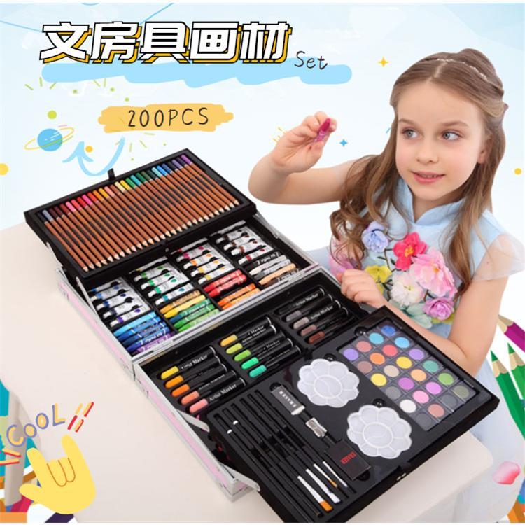 子供お絵かきセット 文房具 色鉛筆 200ピース 絵の具セット 水性色鉛筆 クレヨン カラーサインペン 油性色鉛筆 塗り絵 描き用 クリスマスプレゼント