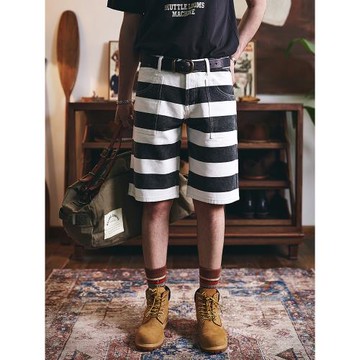 美式阿美咔嘰重磅機車摩托短褲加厚帆布黑白條紋休閑工裝五分褲男