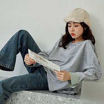 OB嚴選-純棉不規則下襬袖拼接長袖上衣